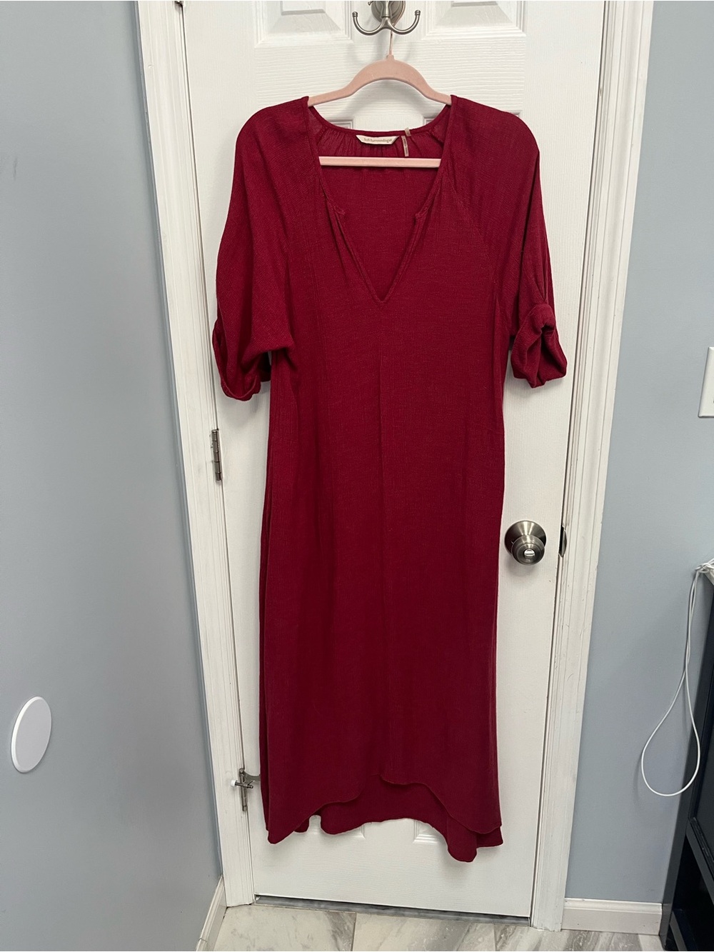 Soft Surroundings Burgundy V-Neck Maxi Dress lagenlook linen Blend Pockets small